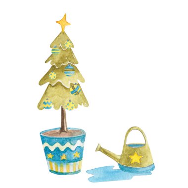 Suluboya şekillendirilmiş Noel ağacı sulandırma tenekesi beyaza izole edilmiş.