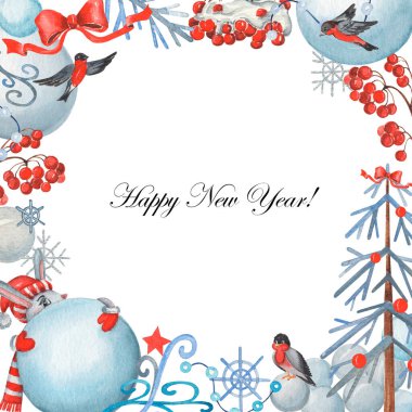 Elle çizilmiş elementlerle suluboya kare Noel çerçevesi - çizgi film tavşanı, kuş, kartopu, ağaç, kar taneleri ve böğürtlen