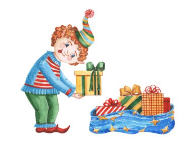 Tatlı suluboya Noel karakteri, çizgi film tarzında çizilmiş Noel Baba için hediyeler hazırlayan küçük elf. Yeni yıl illüstrasyonu beyazda izole edildi