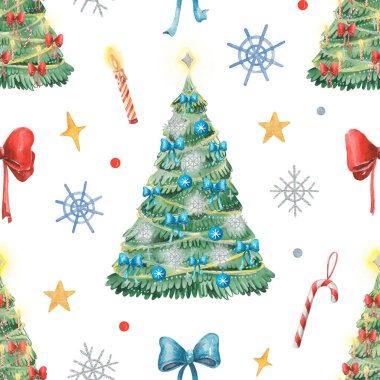 Geleneksel Noel ağacıyla suluboya kusursuz tatil deseni. Tekstil ve ambalaj için yeni yıl süslemeleri. 