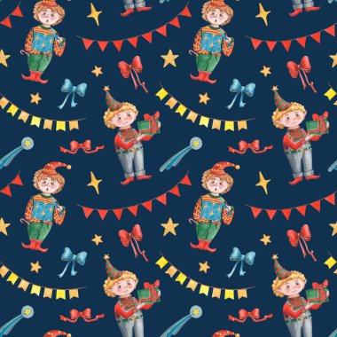 Elle çizilmiş suluboya karakterli kusursuz noel deseni. Hediyelik kutuları ve fiyonkları olan renkli kostümlü şirin elf çocukları. Dekor, tekstil, paketleme vesaire için koyu arkaplan üzerindeki resimler