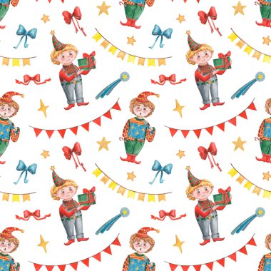 Geleneksel kostümler, renkli fiyonklar ve bayraklar giymiş küçük elflerle suluboya kusursuz Noel desenleri. Tekstil, dekor ve paketleme sanatı 