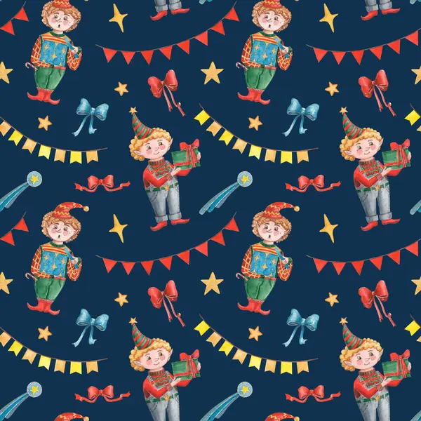 Elle çizilmiş suluboya karakterli kusursuz noel deseni. Hediyelik kutuları ve fiyonkları olan renkli kostümlü şirin elf çocukları. Dekor, tekstil, paketleme vesaire için koyu arkaplan üzerindeki resimler