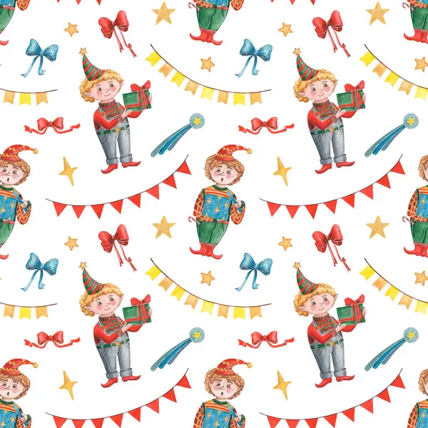 Geleneksel kostümler, renkli fiyonklar ve bayraklar giymiş küçük elflerle suluboya kusursuz Noel desenleri. Tekstil, dekor ve paketleme sanatı 