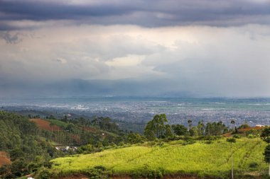 Kırsal tarım arazisinin ekilmeye hazır manzarası. Yeşil alanlar ve bulutlu gökyüzü mevsimsel tarım için ideal sakin bir tarım ortamı yaratıyor.