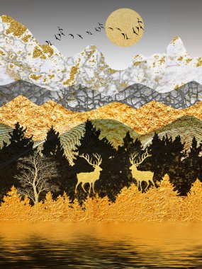 Geometrik resim desenli el çizimi, baskı, asılı resim, mavi, turuncu, soyut sanat arka planında geometrik şekiller. Modern duvar sanatı.