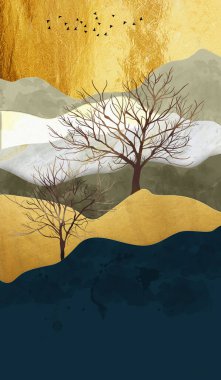 Geometrik resim desenli el çizimi, baskı, asılı resim, mavi, turuncu, soyut sanat arka planında geometrik şekiller. Modern duvar sanatı.