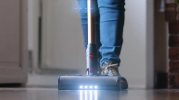 Point View Floor Stick Vacuum Cleaner Approaching Lens Slow Motion — Vídeos de Stock