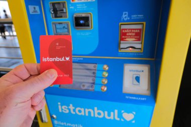 Istanbul, Turkiye - 05 05 2024 : The Istanbul transport card in front of a sales and recharging terminal. clipart
