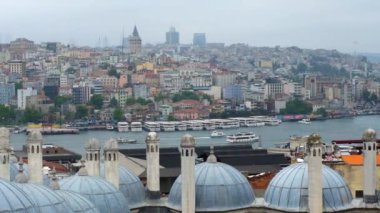 İstanbul, Türkiye - 05: 07: 2024: Caminin kubbeleri, Karaköy ilçesi ve Süleyman Camii 'nin parkından görülen Altın Boynuz. Gökyüzü gri..