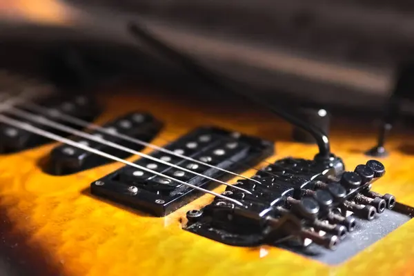 stock image Electric guitar bridge and pickups, with its vibrato arm.