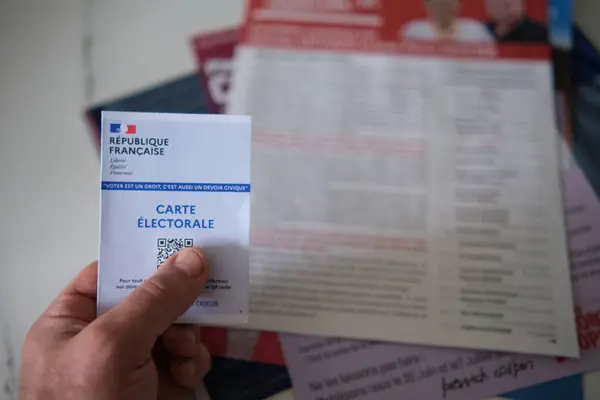 stock image Wallers, France - 06 27 2024 : French electoral map in front of nomination form for elections