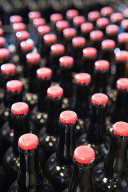 Bira fabrikasındaki bira şişelerinin yüksek açılı görüntüsü. Kırmızı şapkaları var..