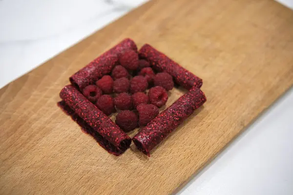 stock image Preparation of a fruit leather, from blended and dehydrated raspberries.