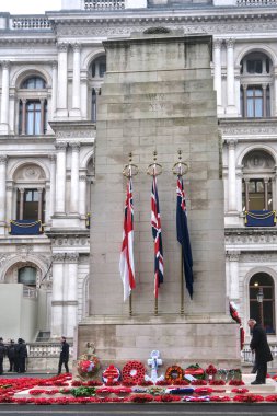 London, United Kingdom - 11 10 2024 : The Cenotaph, on Whitehall street, decorated with flowers, during the commemoration of November 10th, Remembrance Day. clipart