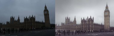Londra, Birleşik Krallık - 11 / 10 / 2024: Westminster Sarayı manzarasında fotoğraf düzenleme yazılımının kullanımı örneği. Soldaki işlenmemiş bir jpg dosyası ve sağdaki resim açık kaynak yazılım tarafından işleniyor..