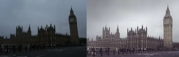 Londra, Birleşik Krallık - 11 / 10 / 2024: Westminster Sarayı manzarasında fotoğraf düzenleme yazılımının kullanımı örneği. Soldaki işlenmemiş bir jpg dosyası ve sağdaki resim açık kaynak yazılım tarafından işleniyor..