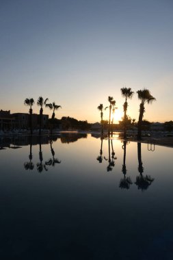 Gün batımında sakin bir tatil köyü sahnesi. Palmiye ağaçları ve onların yansımaları durgun bir havuzda, altın ışıkla yıkanmış, huzurlu ve rüya gibi bir atmosfer yaratıyor..