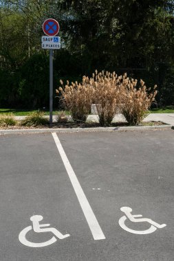 Asfaltta, bitkilerle çevrili iki rezerve noktayı gösteren bir tabela ve güneşli bir açık havada kaldırım işaretli engelli park yerleri..