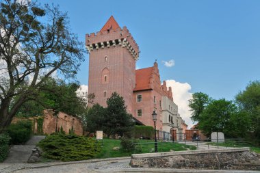 Poznan, Polonya - 04 / 22 / 2025: Poznan Şatosu, yüksek kulesi, kırmızı çatısı ve mavi gökyüzü altında manzaralı yeşilliği olan tarihi tuğla kale, Polonya.