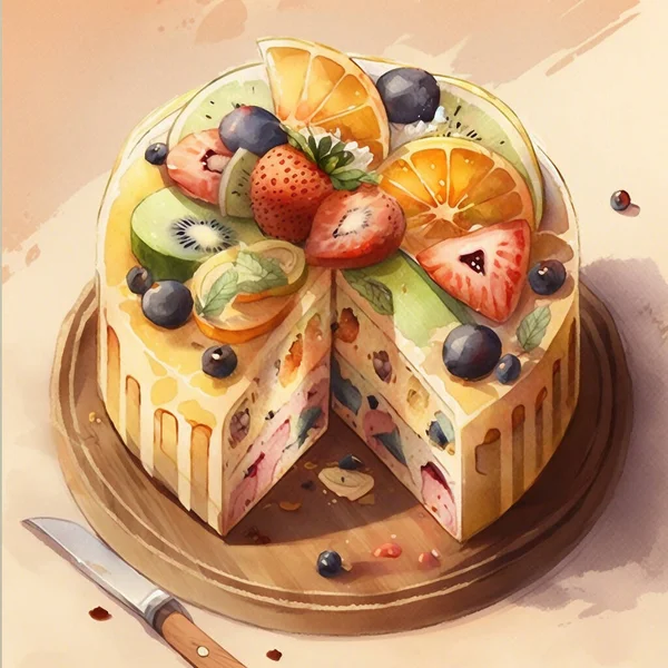 Αφηρημένη Ακουαρέλα Κέικ Γλυκά Επιδόρπια Φρούτα Μήλο Κινούμενα Σχέδια Aureate — Φωτογραφία Αρχείου