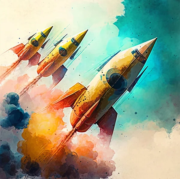 Absztrakt Akvarell Illusztrációk Tinta Repülőgép Vadászgép Tartályok Rakéták Ufo Repülőgép — Stock Fotó