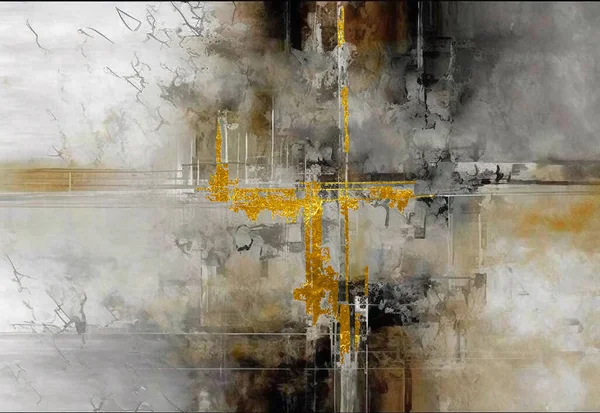 Abstract art, gold, ink painting, shadows, texture, color and fashion of modern art in the wall