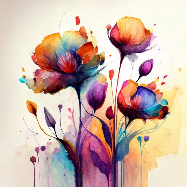 Анотація Рослини Квіти Листя Трава Стиль Акварелі — стокове фото