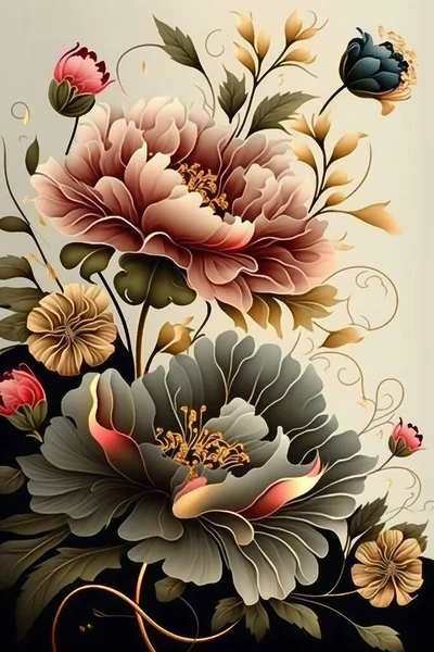 Abstrait Fleurs Plantes Vif Haute Définition Style Aquarelle Art Mural — Photo