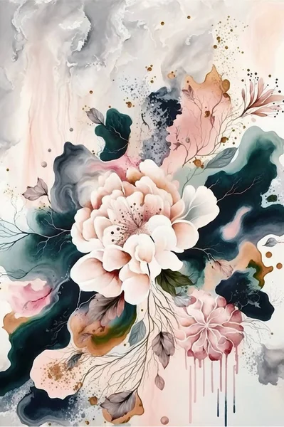 Abstrait Fleurs Plantes Vif Haute Définition Style Aquarelle Art Mural — Photo