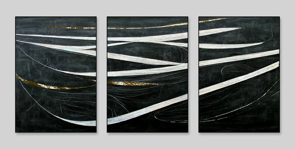 Abstract art background. Gold. Contemporary art. The canvas painting. Works of art. A set of three abstract background wall decoration painting