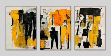 Soyut sanat geçmişi. Dekorasyon, doku ve parlak renk için üç soyut arkaplan duvarı. Çağdaş sanat. Sanat eserleri. Boya lekeleri. Boya fırçası. Modern sanat