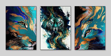 Soyut sanat geçmişi. Dekorasyon, doku ve parlak renk için üç soyut arkaplan duvarı. Çağdaş sanat. Sanat eserleri. Boya lekeleri. Boya fırçası. Modern sanat