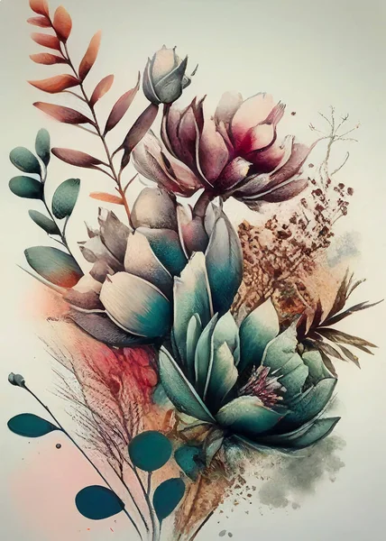 Abstrato Flores Folhas Grama Aquarela Auréola Plantas Parede Arte Moderna — Fotografia de Stock