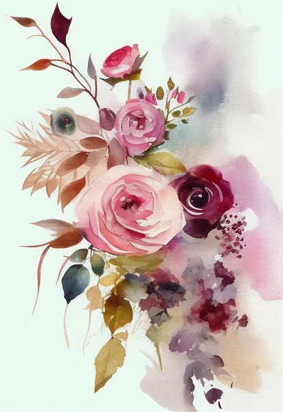 Abstract. Flowers, leaves, grass, watercolor, aureate, plants, fashionable modern art wall