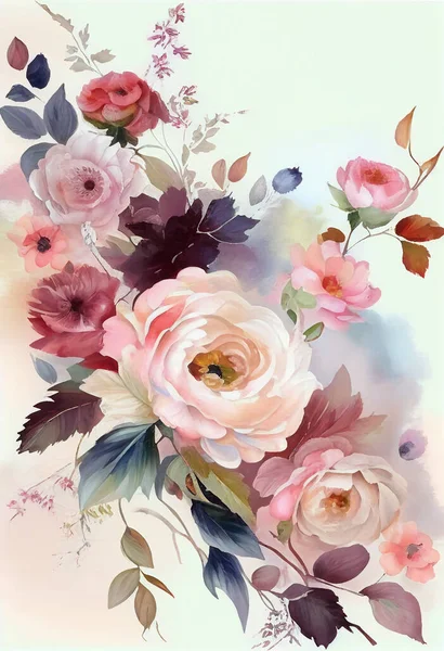 Streszczenie Kwiaty Liście Trawa Akwarela Aureata Rośliny Modna Ściana Sztuki — Zdjęcie stockowe