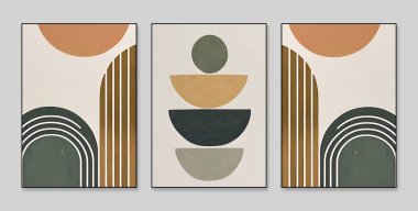 Soyut sanat geçmişi. Üç soyut duvar dekorasyonu, desen ve parlak renk seti. Çağdaş sanat. Sanat eserleri. Boya lekeleri. Boya fırçası. Modern sanat