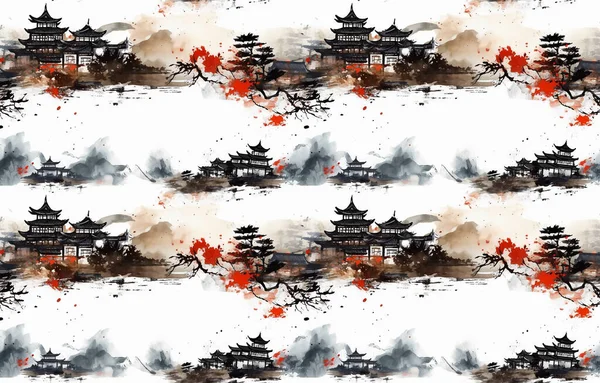 Hegy Kínai Szél Zökkenőmentes Diagram Tinta Festés — Stock Fotó