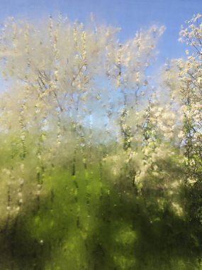 Resimli, soyut. Islak, nemli pencere camlarından atmosfer geçiyor..