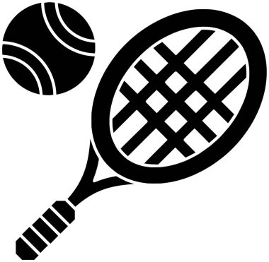 siyah tenis silueti veya düz raket illüstrasyon ekipman logo topu spor için oyun ikonu ve oyun şekli yarışması turnuva için eğlence olarak