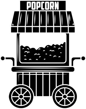 Gıda vektörü festivali silueti için karnaval illüstrasyon standının patlamış mısır ikonu logosu ve grafik mağazası arka plan fuarı veya pazar parkı için dükkan olarak ayakta duruş kiosk