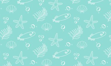 Balıklı, denizyıldızlı, yosunlu, turkuaz kabuklu çocuksu deniz desenleri. Yazdırma, çocuk tekstili ve ambalaj kağıdı deseni