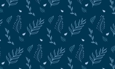 Çiçekli, yapraklı, dallı, mavi arkaplandaki çiçek desenli el çizimi.