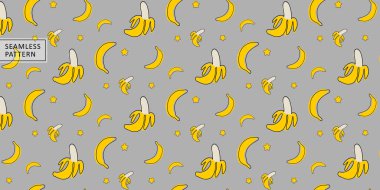 Vector seamless pattern with yellow bananas and stars on a gray background for textiles, design, wrapping paper, covers