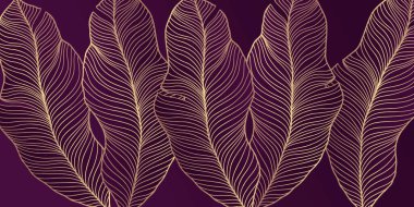 Luxury vector background with golden feathers on a dark purple background for wallpapers, designs, decor