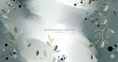 Beautiful vector abstract watercolor illustration in dark turquoise and gray shades with golden branches and leaves for cards, invitations, design