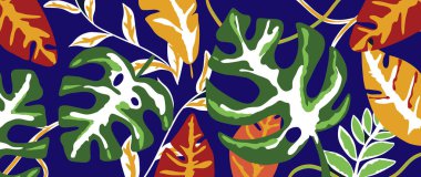 Bright vector tropical illustration with monstera leaves, palm leaves on a blue background for wallpaper, design, decor