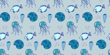 Children's marine seamless vector pattern with fish, jellyfish, shells for textiles, wrapping paper, covers
