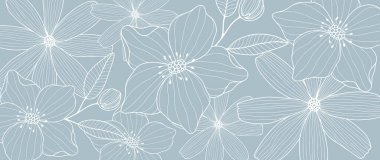 Vector floral pale blue illustration with flowers, daisies, branches, leaves and buds for decor, covers, backgrounds, wallpapers