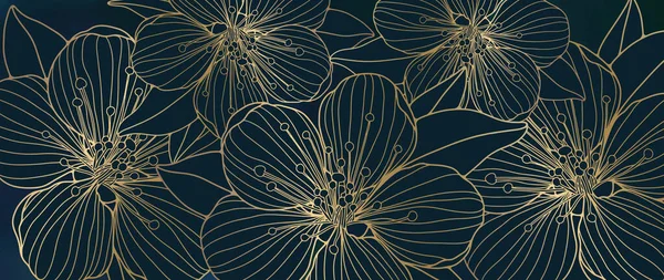 Vektor Lyx Illustration Med Gyllene Körsbär Blommor Mörkblå Bakgrund För — Stock vektor